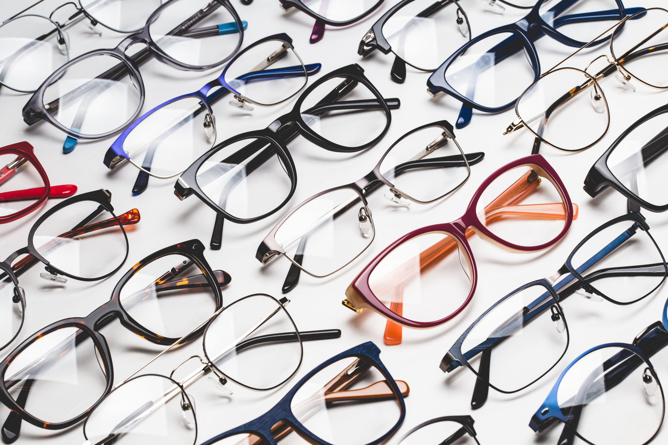 Full frame shot of glasses isolated - Different colors and styles - Fashion accessories